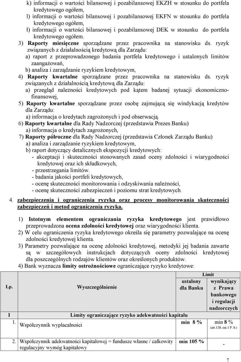 ryzyk związanych z działalnością kredytową dla Zarządu: a) raport z przeprowadzonego badania portfela kredytowego i ustalonych limitów zaangażowań, b) analiza i zarządzanie ryzykiem kredytowym, 4)