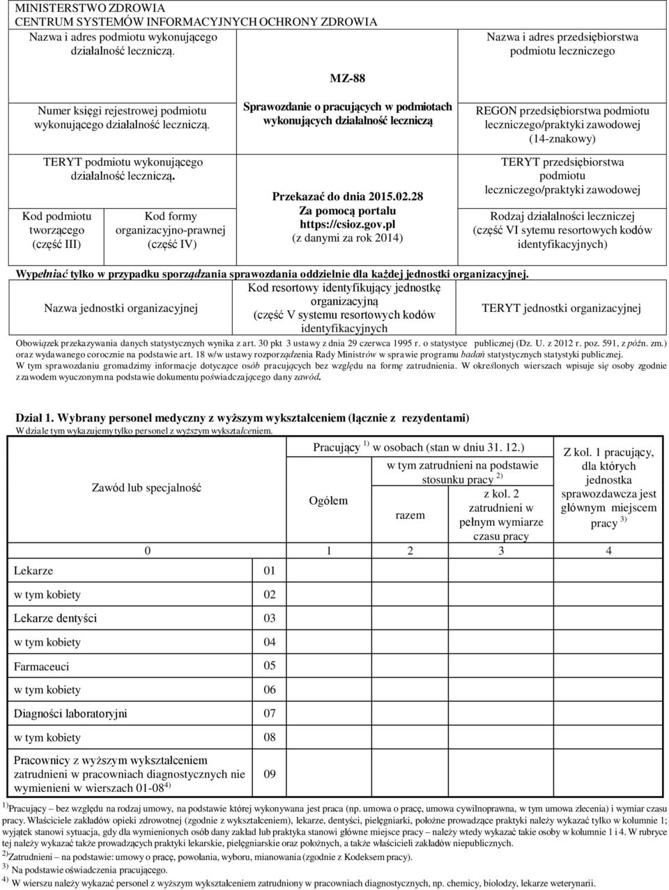 Kod podmiotu tworzącego (część III) Kod formy organizacyjno-prawnej (część IV) MZ-88 Sprawozdanie o pracujących w podmiotach wykonujących działalność leczniczą Przekazać do dnia 2015.02.