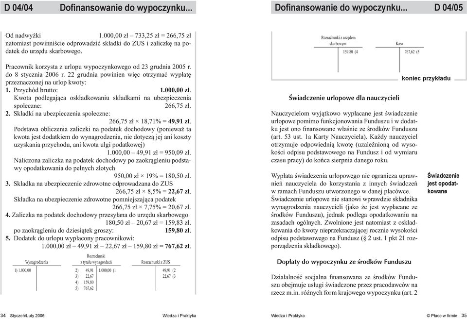 Rozrachunki z urzędem skarbowym 159,80 (4 Kasa 767,62 (5 Pracownik korzysta z urlopu wypoczynkowego od 23 grudnia 2005 r. do 8 stycznia 2006 r.