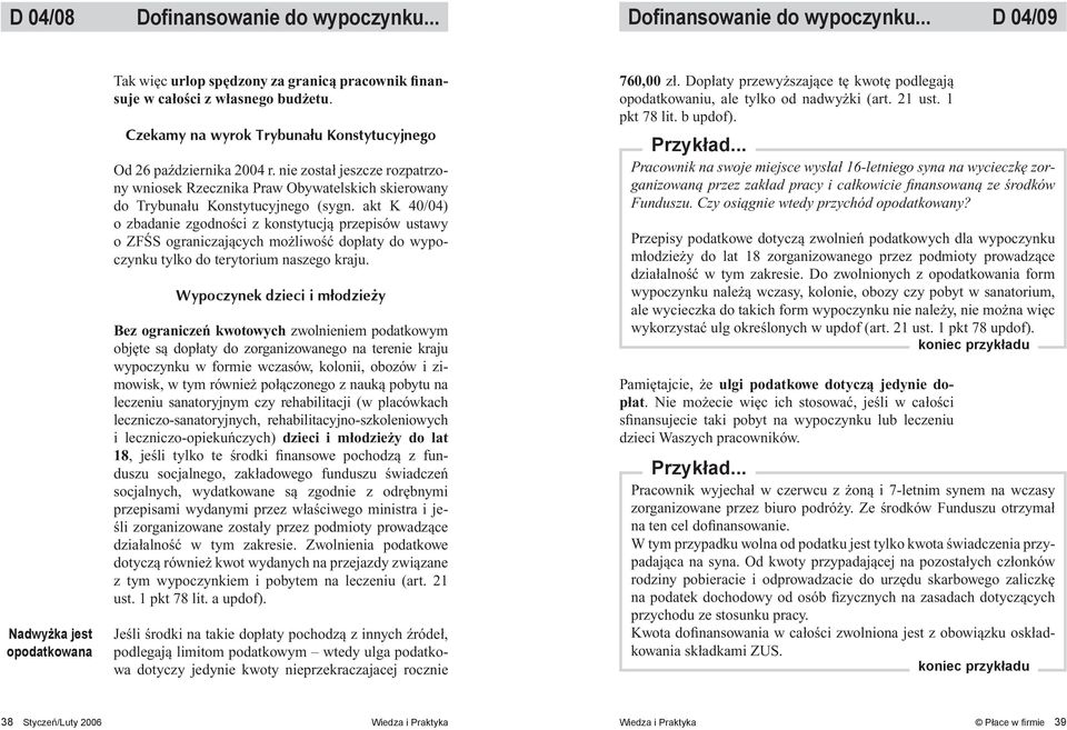 akt K 40/04) o zbadanie zgodności z konstytucją przepisów ustawy o ZFŚS ograniczających możliwość dopłaty do wypoczynku tylko do terytorium naszego kraju.