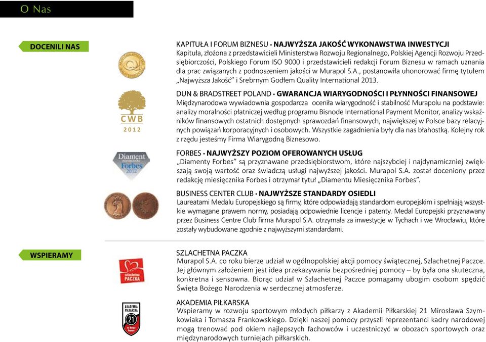 redakcji Forum Biznesu w ramach uznania dla prac związanych z podnoszeniem jakości w Murapol S.A., postanowiła uhonorować firmę tytułem Najwyższa Jakość i Srebrnym Godłem Quality International 2013.