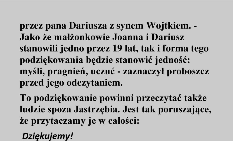 podziękowania będzie stanowić jedność: myśli, pragnień, uczuć - zaznaczył proboszcz przed