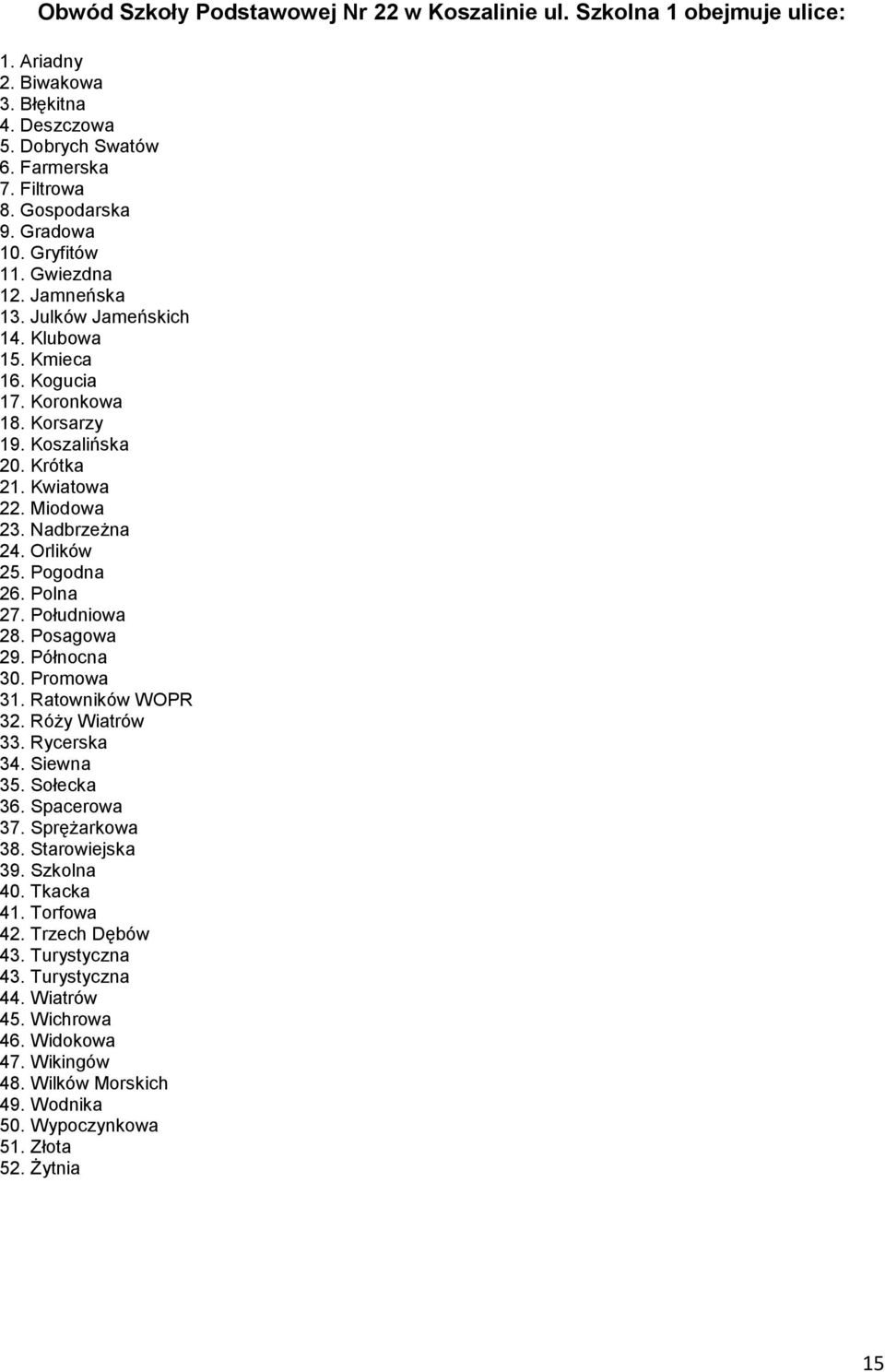 Orlików 25. Pogodna 26. Polna 27. Południowa 28. Posagowa 29. Północna 30. Promowa 31. Ratowników WOPR 32. Róży Wiatrów 33. Rycerska 34. Siewna 35. Sołecka 36. Spacerowa 37. Sprężarkowa 38.