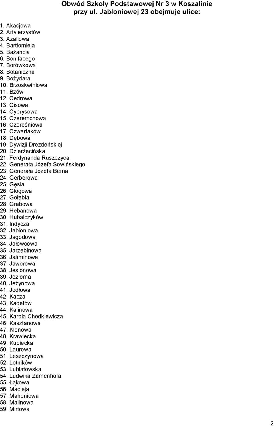 Gęsia 26. Głogowa 27. Gołębia 28. Grabowa 29. Hebanowa 30. Hubalczyków 31. Indycza 32. Jabłoniowa 33. Jagodowa 34. Jałowcowa 35. Jarzębinowa 36. Jaśminowa 37. Jaworowa 38. Jesionowa 39. Jeziorna 40.