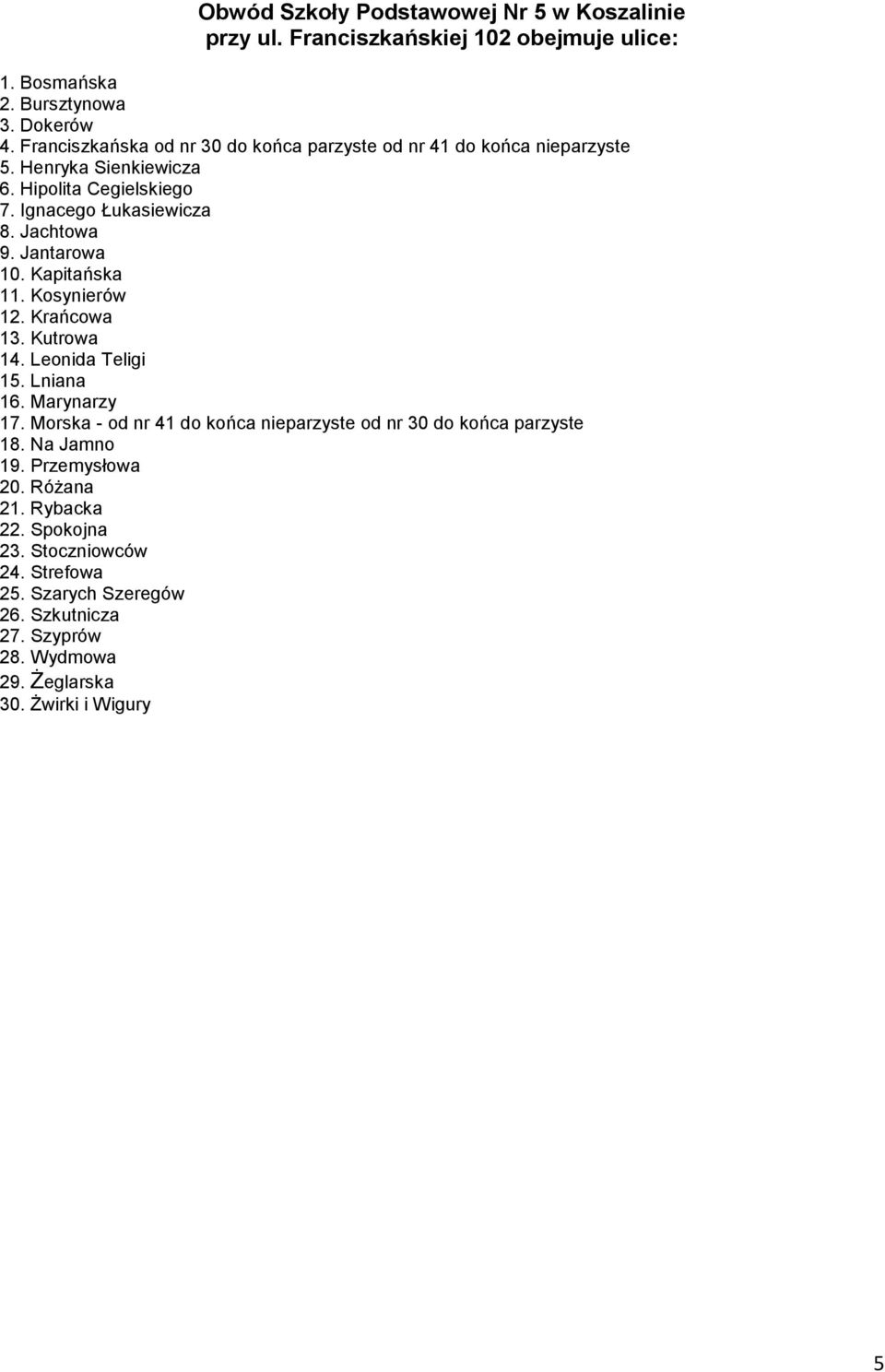 Jantarowa 10. Kapitańska 11. Kosynierów 12. Krańcowa 13. Kutrowa 14. Leonida Teligi 15. Lniana 16. Marynarzy 17.