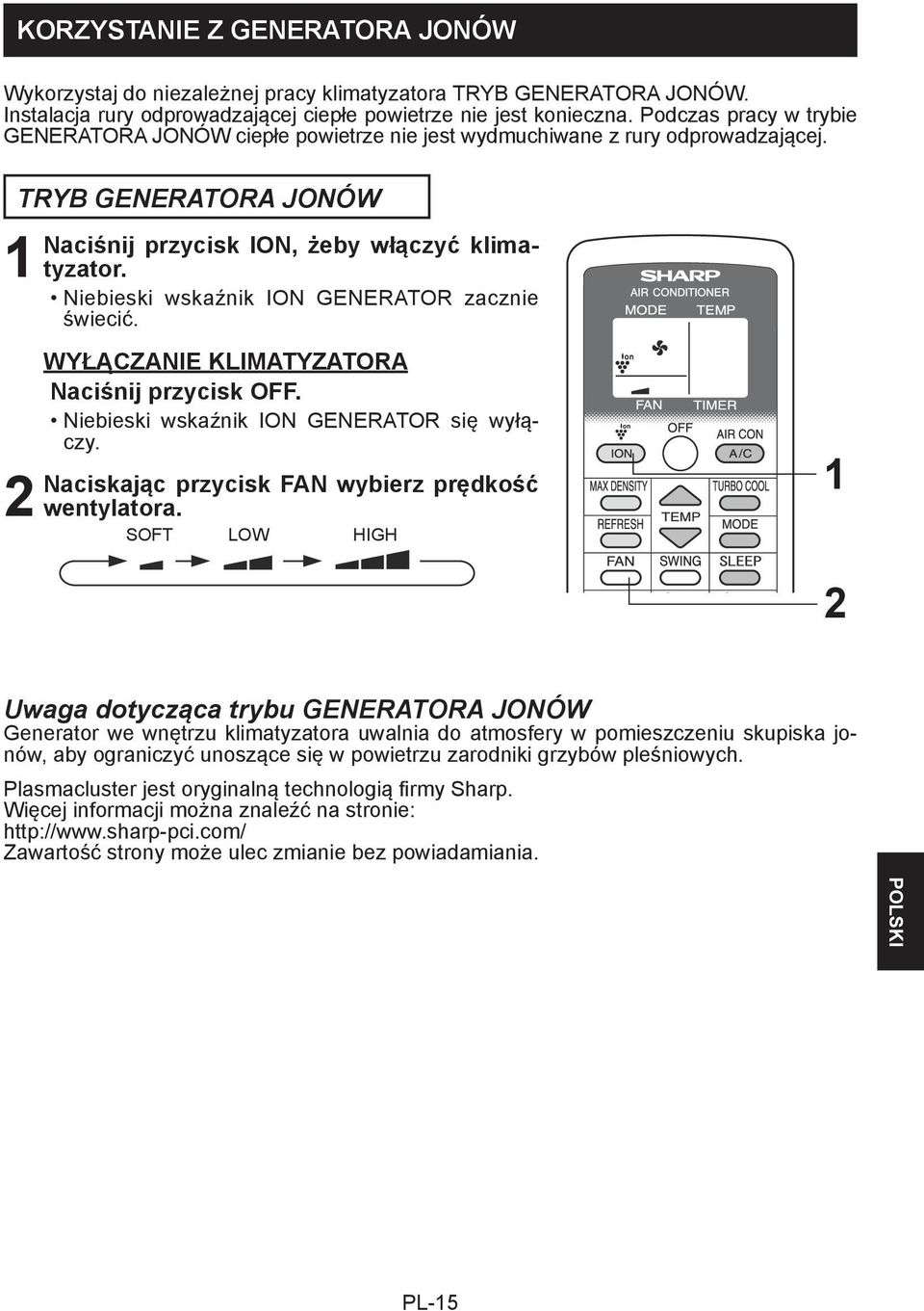 Niebieski wskaźnik ION GENERATOR zacznie świecić. WYŁĄCZANIE KLIMATYZATORA Naciśnij przycisk OFF. Niebieski wskaźnik ION GENERATOR się wyłączy. Naciskając przycisk FAN wybierz prędkość wentylatora.