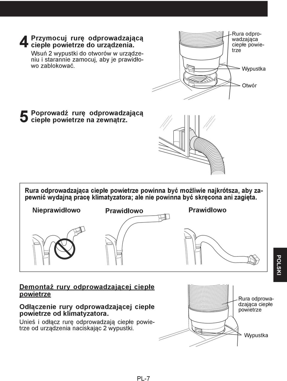 Rura odprowadzająca ciepłe powietrze powinna być możliwie najkrótsza, aby zapewnić wydajną pracę klimatyzatora; ale nie powinna być skręcona ani zagięta.