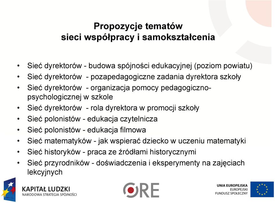 dyrektora w promocji szkoły Sieć polonistów - edukacja czytelnicza Sieć polonistów - edukacja filmowa Sieć matematyków - jak wspierać