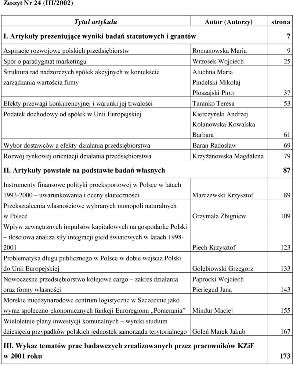 spółek akcyjnych w kontekście zarządzania wartością firmy Aluchna Maria Pindelski Mikołaj Płoszajski Piotr 37 Efekty przewagi konkurencyjnej i warunki jej trwałości Taranko Teresa 53 Podatek