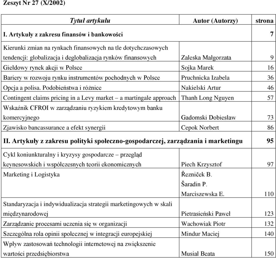 akcji w Polsce Sojka Marek 16 Bariery w rozwoju rynku instrumentów pochodnych w Polsce Pruchnicka Izabela 36 Opcja a polisa.