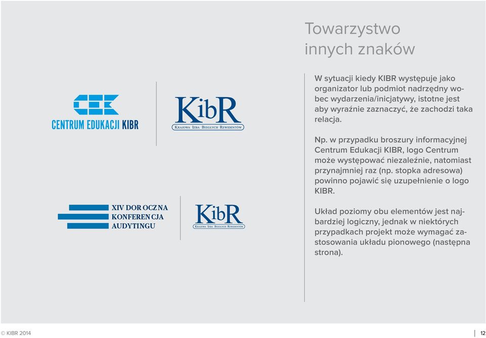 w przypadku broszury informacyjnej Centrum Edukacji KIBR, logo Centrum może występować niezaleźnie, natomiast przynajmniej raz (np.