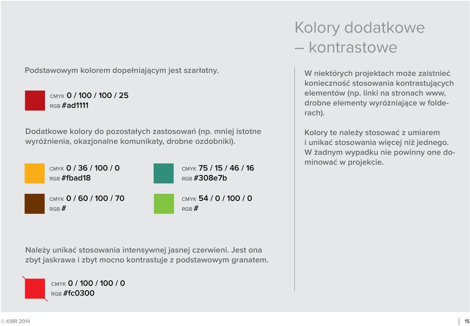 CMYK 0 / 36 / 100 / 0 RGB #fbad18 CMYK 75 / 15 / 46 / 16 RGB #308e7b W niektórych projektach może zaistnieć konieczność stosowania kontrastujących elementów (np.