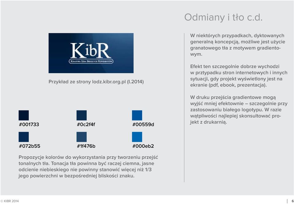#001733 #0c2f4f #00559d W druku przejścia gradientowe mogą wyjść mniej efektownie szczegolnie przy zastosowaniu białego logotypu. W razie wątpliwości najlepiej skonsultować projekt z drukarnią.