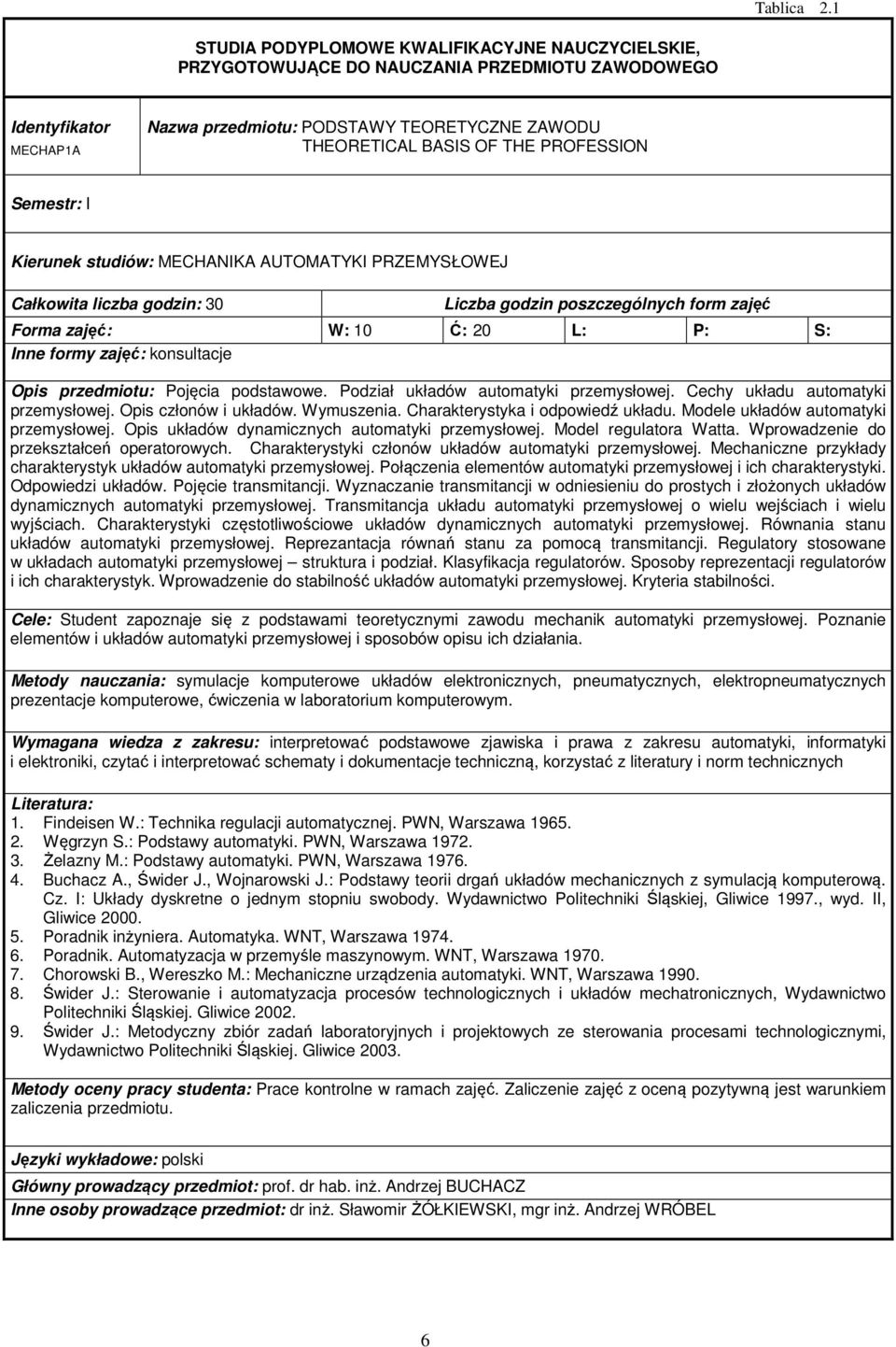 PROFESSION Semestr: I Kierunek studiów: MECHANIKA AUTOMATYKI PRZEMYSŁOWEJ Całkowita liczba godzin: 30 Liczba godzin poszczególnych form zajęć Forma zajęć: W: 10 Ć: 20 L: P: S: Inne formy zajęć: