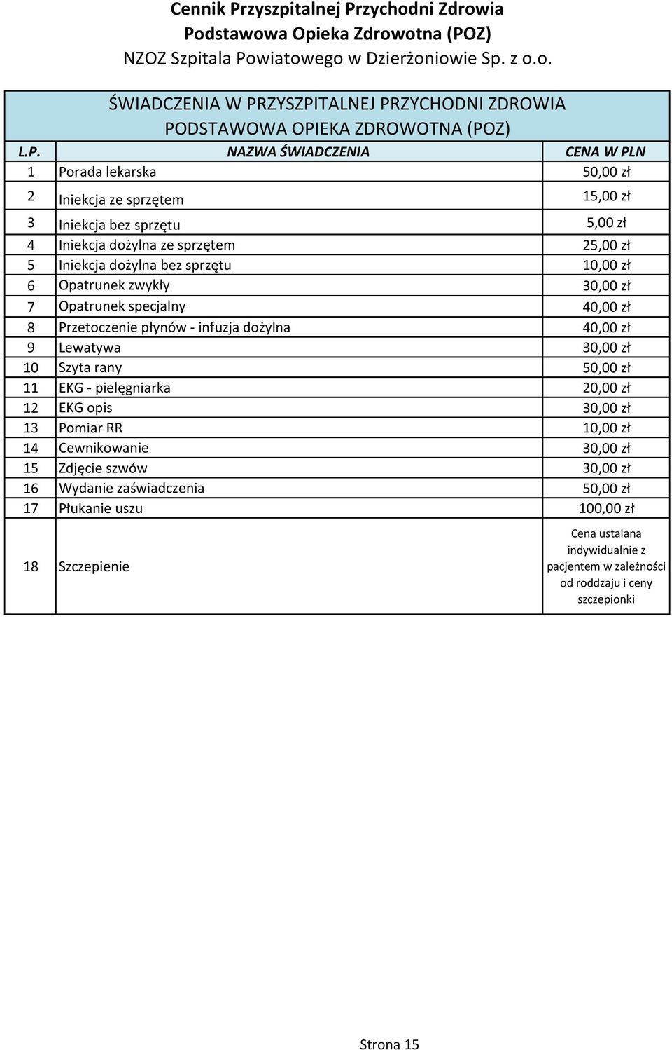 15 Zdjęcie szwów 16 Wydanie zaświadczenia 17 Płukanie uszu 100,00 zł 18 Szczepienie Cennik Przyszpitalnej Przychodni Zdrowia Podstawowa Opieka Zdrowotna (POZ)