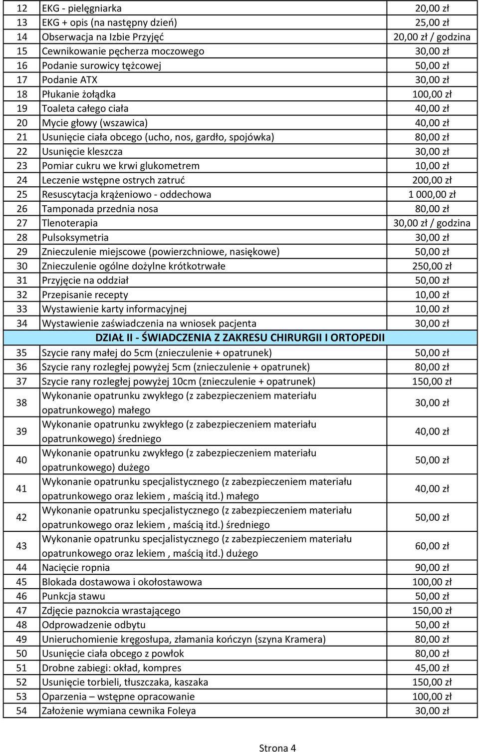 Leczenie wstępne ostrych zatruć 200,00 zł 25 Resuscytacja krążeniowo - oddechowa 1 000,00 zł 26 Tamponada przednia nosa 80,00 zł 27 Tlenoterapia / godzina 28 Pulsoksymetria 29 Znieczulenie miejscowe