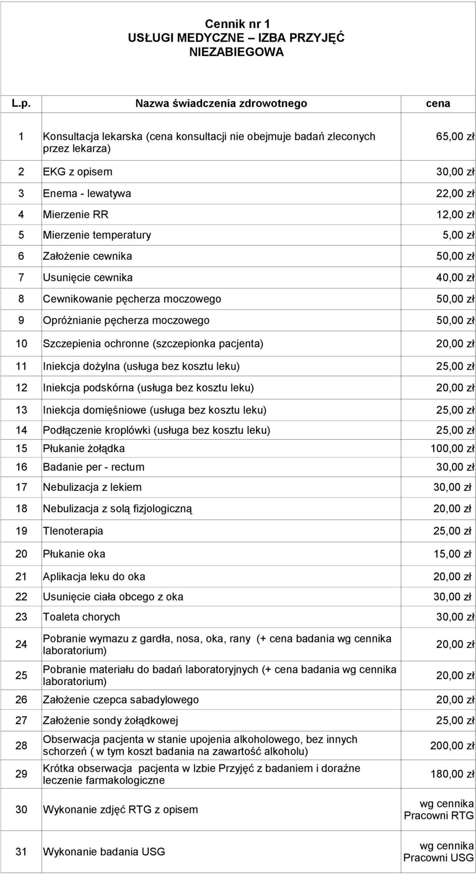 (szczepionka pacjenta) 0,00 zł Iniekcja dożylna (usługa bez kosztu leku) 5,00 zł Iniekcja podskórna (usługa bez kosztu leku) 0,00 zł Iniekcja domięśniowe (usługa bez kosztu leku) 5,00 zł 4