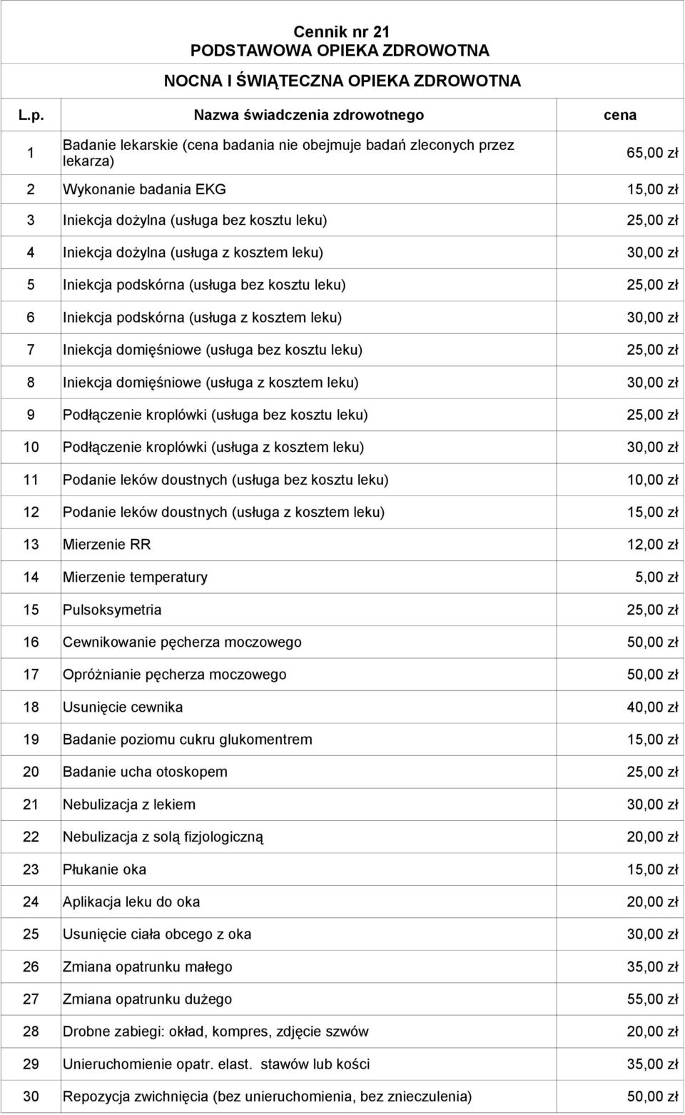 Iniekcja domięśniowe (usługa bez kosztu leku) 5,00 zł 8 Iniekcja domięśniowe (usługa z kosztem leku) 0,00 zł 9 Podłączenie kroplówki (usługa bez kosztu leku) 5,00 zł 0 Podłączenie kroplówki (usługa z