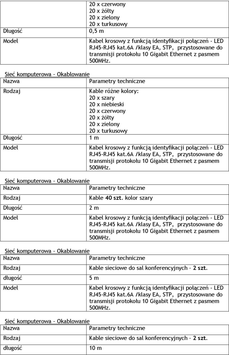 Sieć komputerowa Okablowanie Długość Model Kable różne kolory: 20 x szary 20 x niebieski 20 x czerwony 20 x żółty 20 x zielony 20 x turkusowy 1 m Sieć komputerowa Okablowanie Długość Model Kabel
