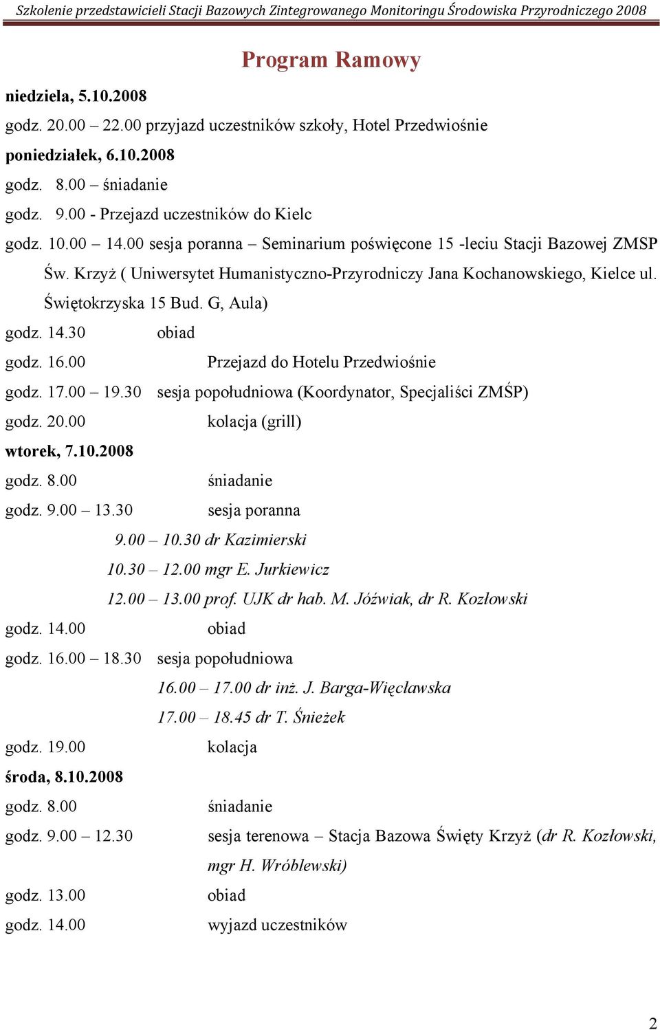 16.00 Przejazd do Hotelu Przedwiośnie godz. 17.00 19.30 sesja popołudniowa (Koordynator, Specjaliści ZMŚP) godz. 20.00 kolacja (grill) wtorek, 7.10.2008 godz. 8.00 śniadanie godz. 9.00 13.