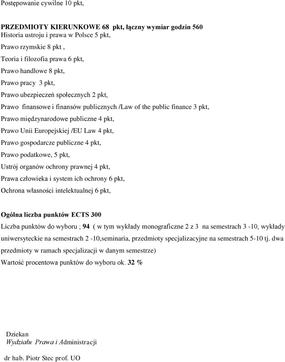 Law 4 pkt, Prawo gospodarcze publiczne 4 pkt, Prawo podatkowe, 5 pkt, Ustrój organów ochrony prawnej 4 pkt, Prawa człowieka i system ich ochrony 6 pkt, Ochrona własności intelektualnej 6 pkt, Ogólna