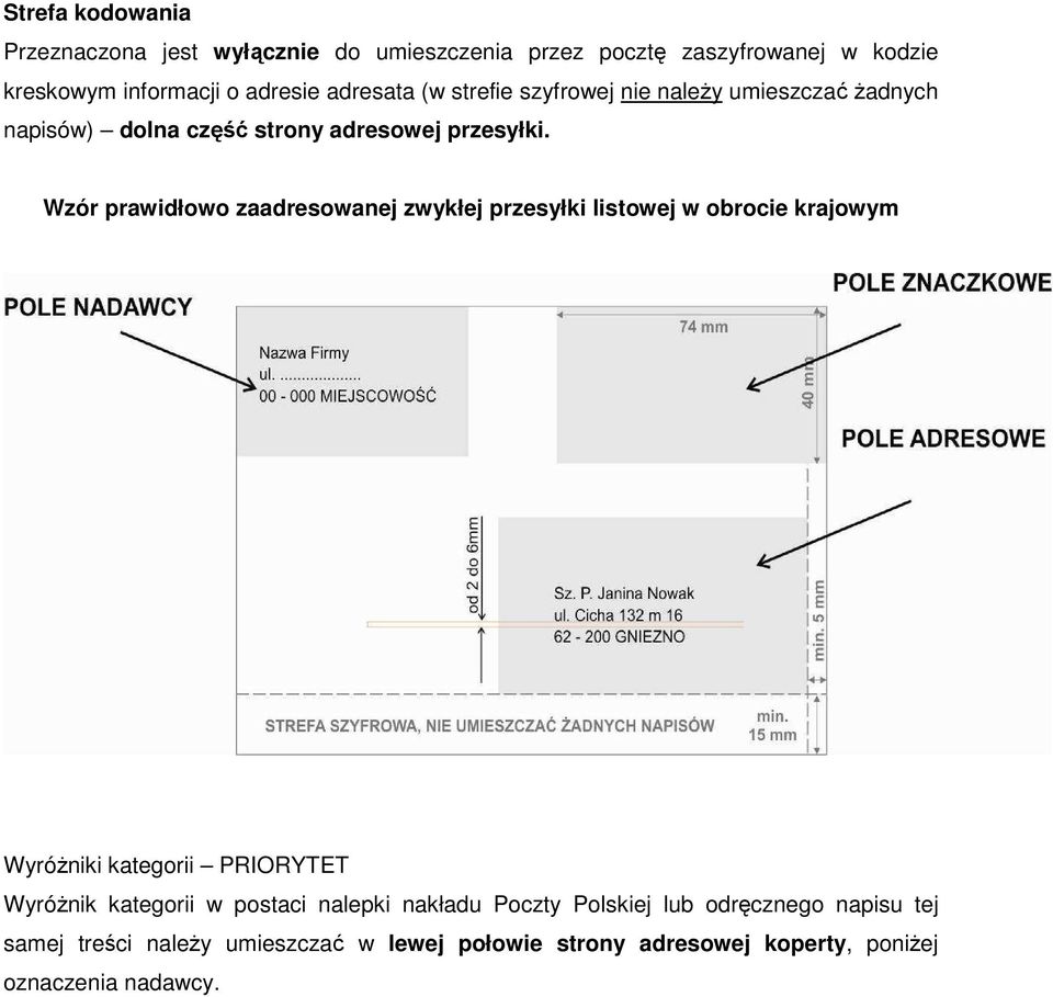 Wzór prawidłowo zaadresowanej zwykłej przesyłki listowej w obrocie krajowym Wyróżniki kategorii PRIORYTET Wyróżnik kategorii w