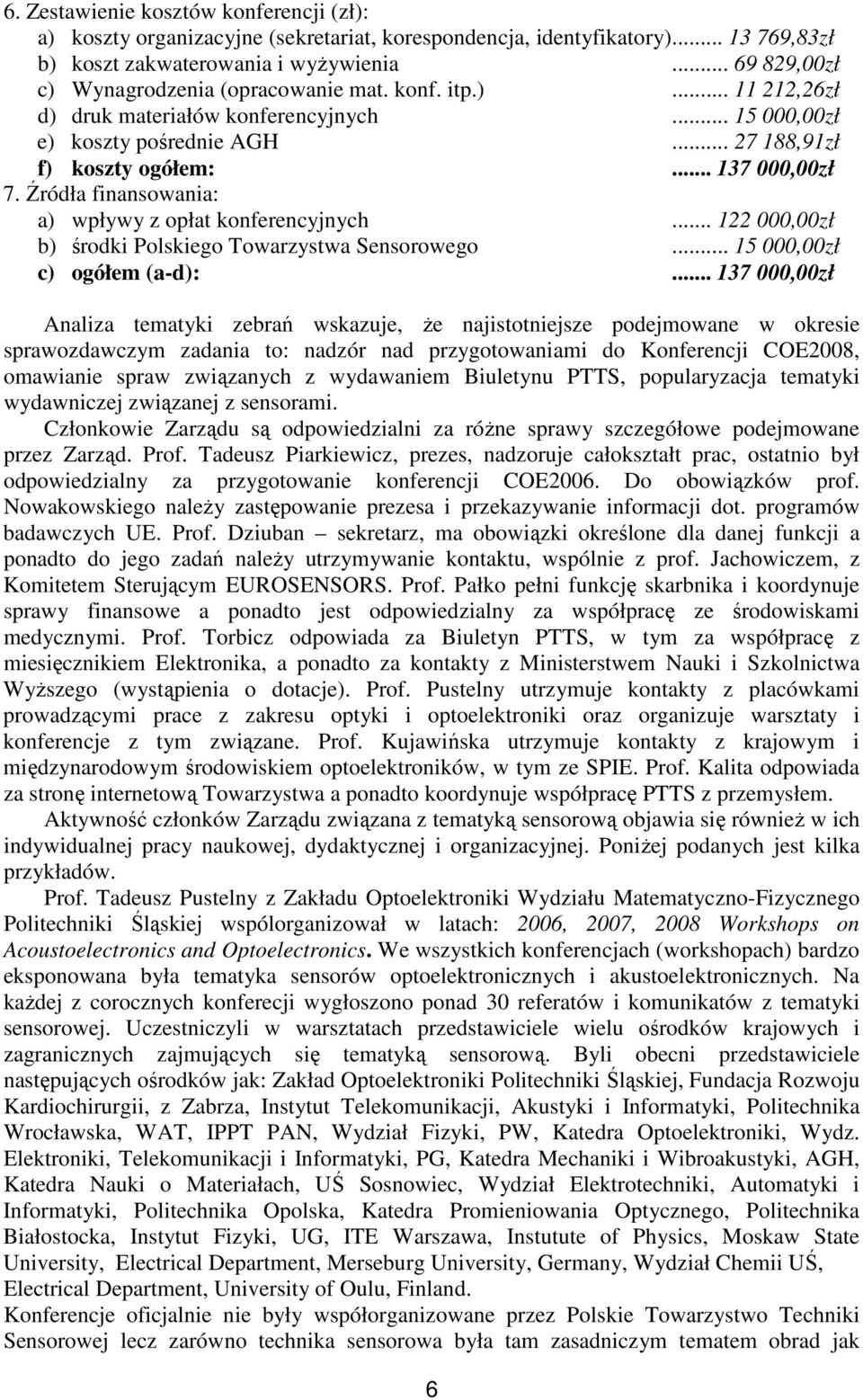 Źródła finansowania: a) wpływy z opłat konferencyjnych... 122 000,00zł b) środki Polskiego Towarzystwa Sensorowego... 15 000,00zł c) ogółem (a-d):.