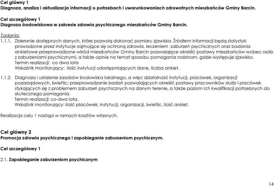 Źródłem informacji będą statystyki prowadzone przez instytucje zajmujące się ochroną zdrowia, leczeniem zaburzeń psychicznych oraz badania ankietowe przeprowadzone wśród mieszkańców Gminy Barcin