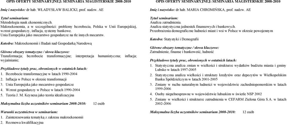 Katedra: Makroekonomii i Badań nad Gospodarką Narodową Transformacja; bezrobocie transformacyjne; interpretacja humanistyczna; inflacja; wyjaśnianie; 1.