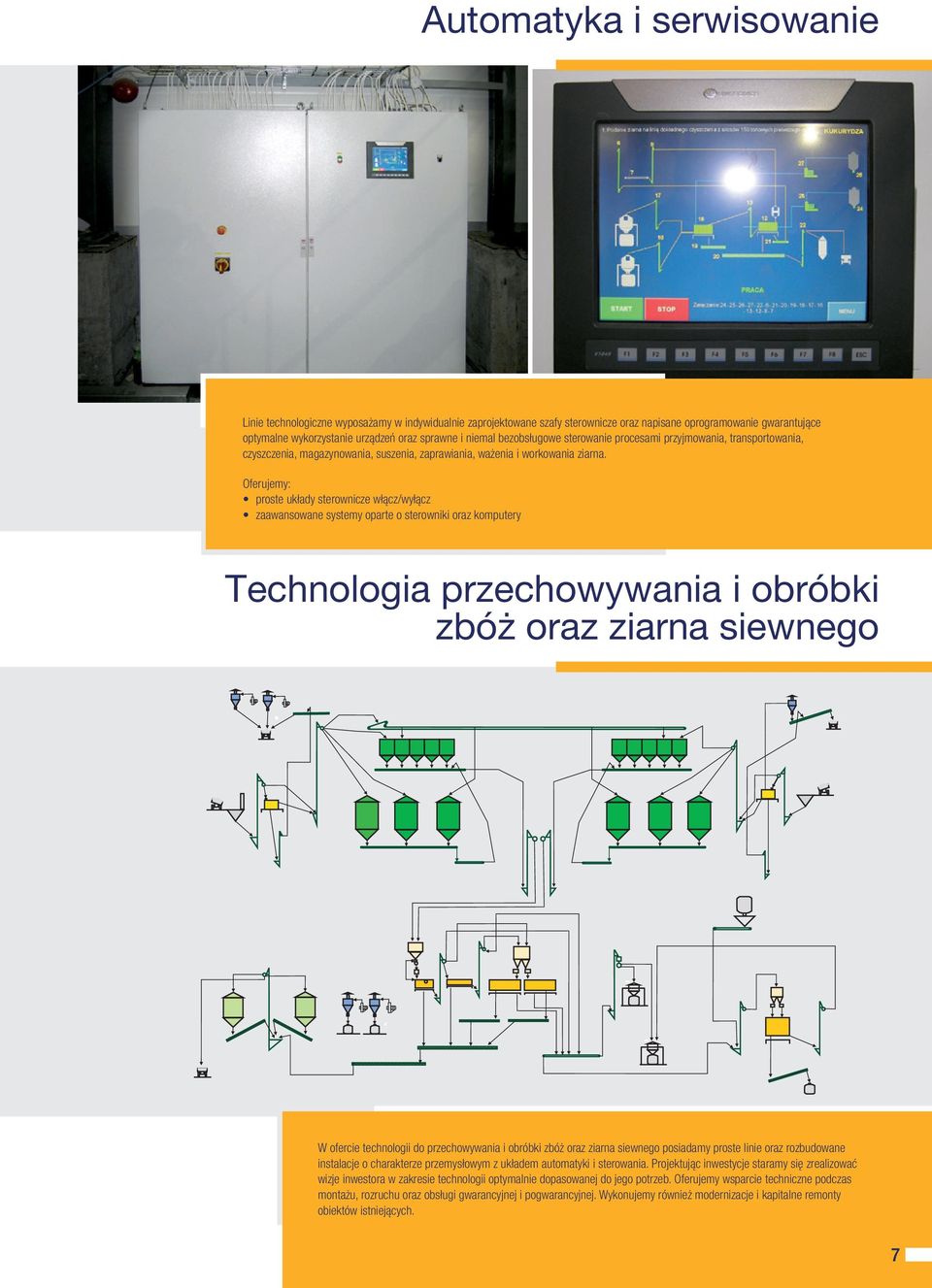 Oferujemy: proste układy sterownicze włącz/wyłącz zaawansowane systemy oparte o sterowniki oraz komputery Technologia przechowywania i obróbki zbóż oraz ziarna siewnego W ofercie technologii do