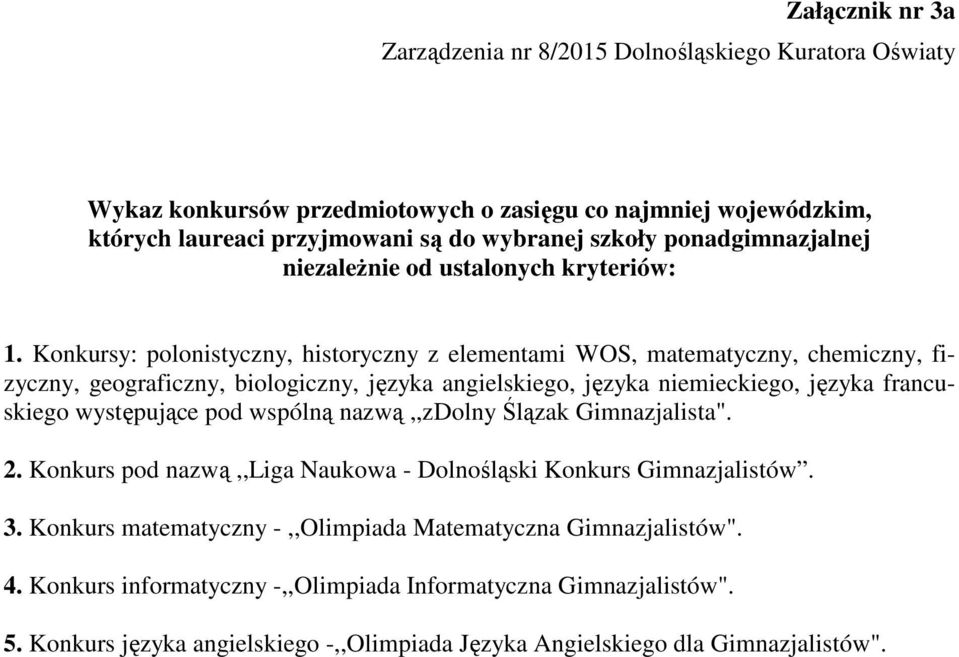 Konkursy: polonistyczny, historyczny z elementami WOS, matematyczny, chemiczny, fizyczny, geograficzny, biologiczny, języka angielskiego, języka niemieckiego, języka francuskiego występujące pod