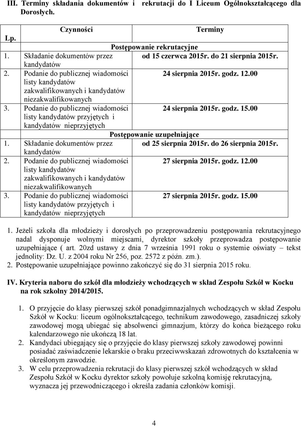 Podanie do publicznej wiadomości 24 sierpnia 2015r. godz. 15.00 listy kandydatów przyjętych i kandydatów nieprzyjętych Postępowanie uzupełniające 1. Składanie dokumentów przez od 25 sierpnia 2015r.