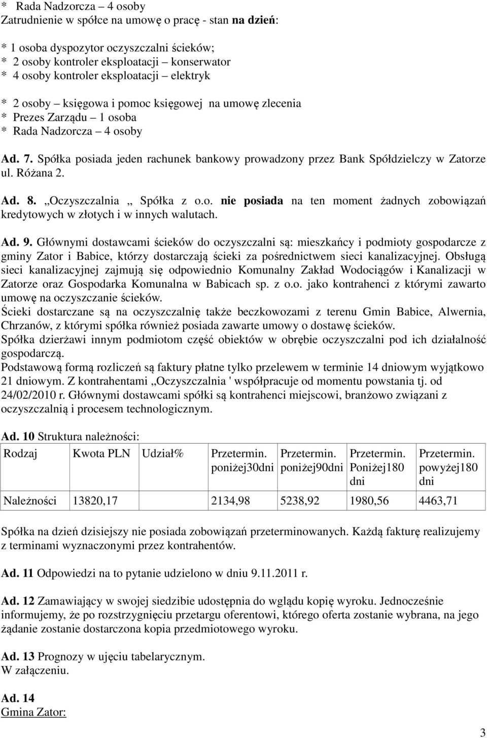 Spółka posiada jeden rachunek bankowy prowadzony przez Bank Spółdzielczy w Zatorze ul. Różana 2. Ad. 8. Oczyszczalnia Spółka z o.o. nie posiada na ten moment żadnych zobowiązań kredytowych w złotych i w innych walutach.