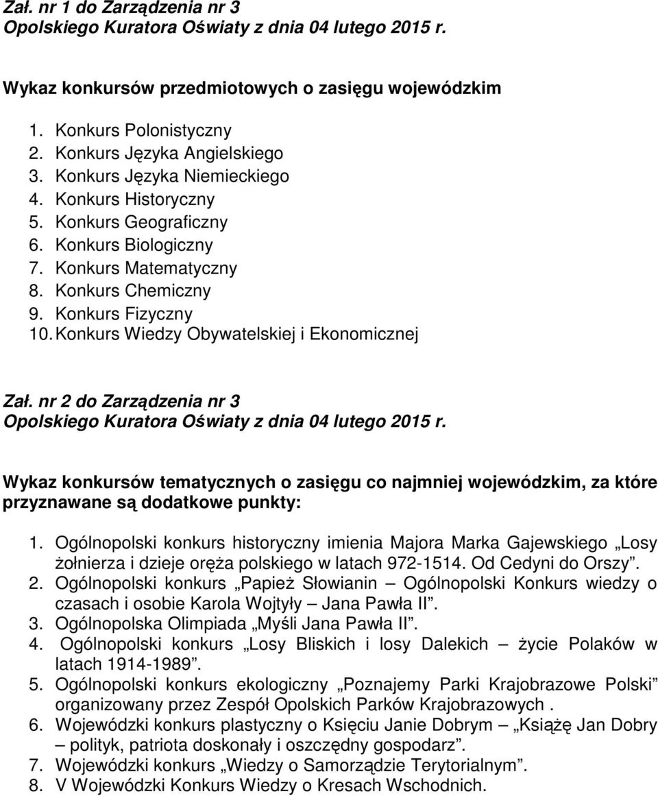 Konkurs Wiedzy Obywatelskiej i Ekonomicznej Zał. nr 2 do Zarządzenia nr 3 Opolskiego Kuratora Oświaty z dnia 04 lutego 2015 r.