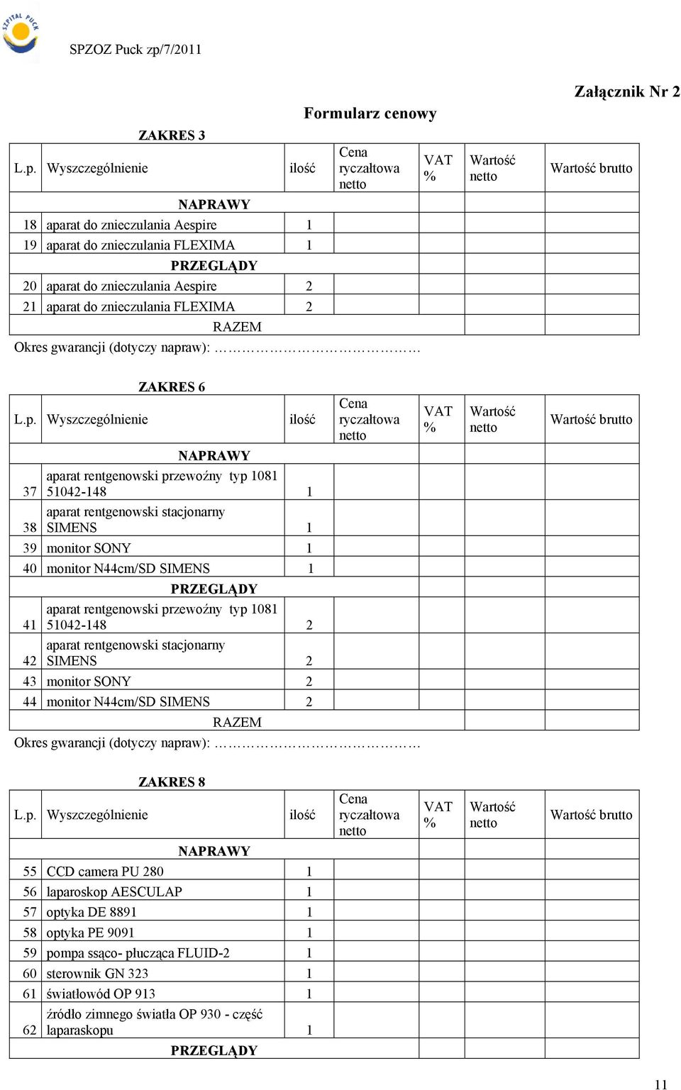 aw): VAT % Wartość Załącznik Nr 2 Wartość brutto L.p.