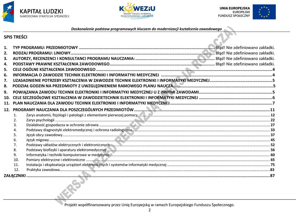 UZASADNIENIE OTRZEY KSZTAŁENIA W ZAWODZIE TEHNIK ELEKTRONIKI I INFORMATYKI MEDYZNEJ... 5 8. ODZIAŁ GODZIN NA RZEDMIOTY Z UWZGLĘDNIENIEM RAMOWEGO LANU NAUZA....5 9.