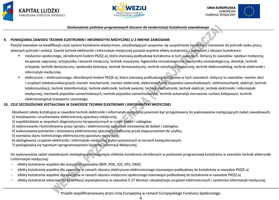 Zawód technik elektroniki i informatyki medycznej posiada wspólne efekty kształcenia z zawodami z obszaru kształcenia: medyczno-społecznego, określonymi kodem KZ(Z.