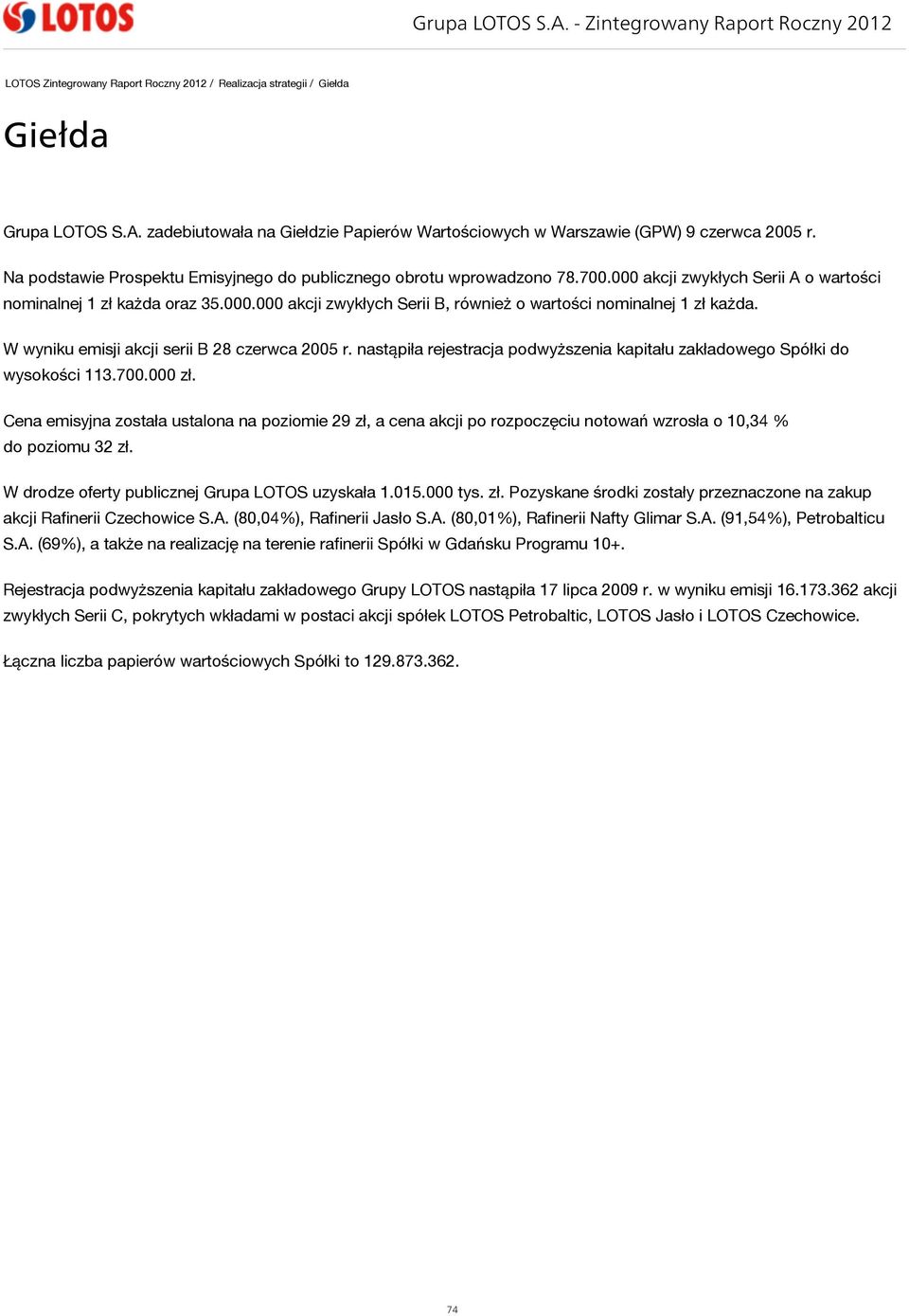 W wyniku emisji akcji serii B 28 czerwca 2005 r. nastąpiła rejestracja podwyższenia kapitału zakładowego Spółki do wysokości 113.700.000 zł.