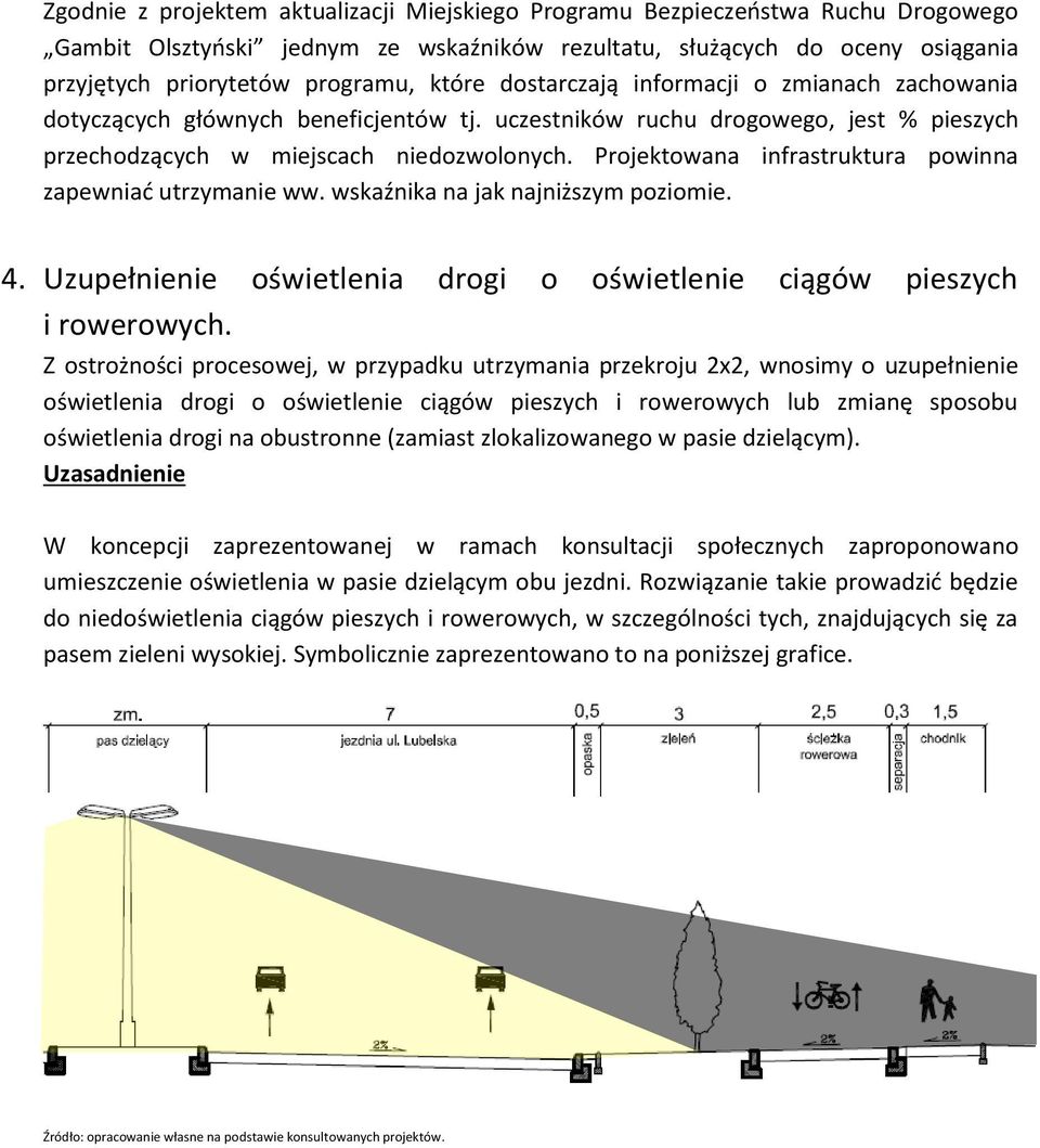 Projektowana infrastruktura powinna zapewniać utrzymanie ww. wskaźnika na jak najniższym poziomie. 4. Uzupełnienie oświetlenia drogi o oświetlenie ciągów pieszych i rowerowych.