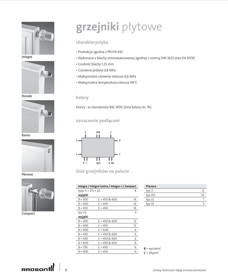 76) oznaczenie podłączeń Ramo 3 4 MB 5 6 2 7 11 1 MO 8 88 Planora ilość grzejników na palecie Compact Integra / Integra Centro / Integra + / Compact y 11 + 21S + 22: 8 wyjątki B = 300 C = 450 & 600