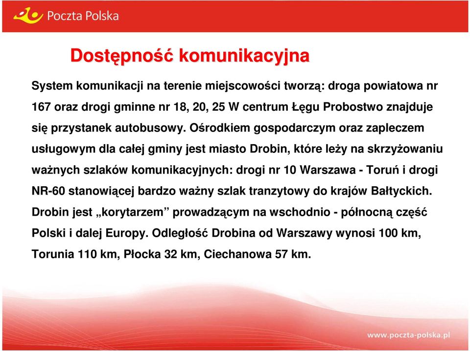 Ośrodkiem gospodarczym oraz zapleczem usługowym dla całej gminy jest miasto Drobin, które leży na skrzyżowaniu ważnych szlaków komunikacyjnych: drogi nr 10