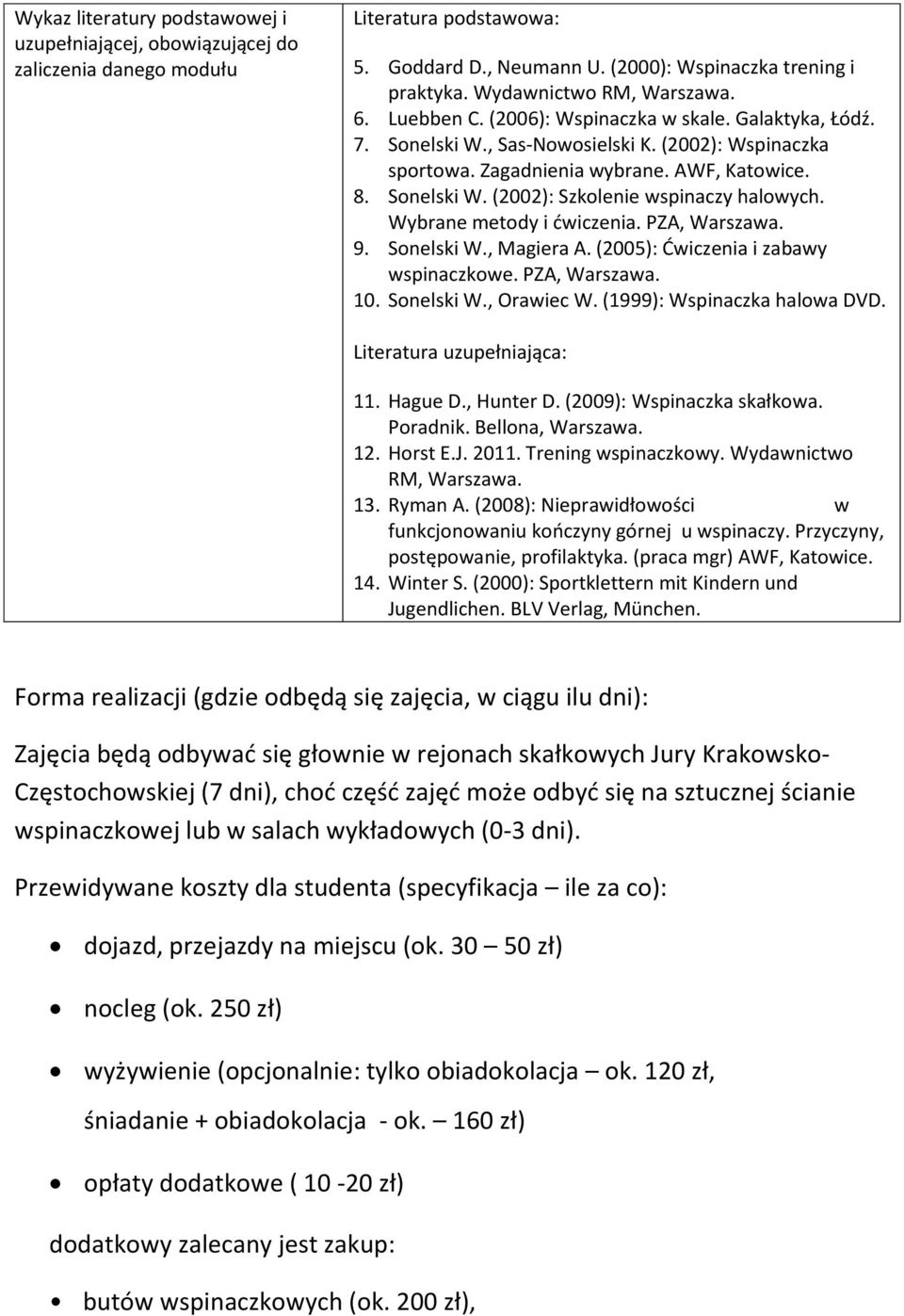 Wybrane metody i ćwiczenia. PZA, Warszawa. 9. Sonelski W., Magiera A. (2005): Ćwiczenia i zabawy wspinaczkowe. PZA, Warszawa. 10. Sonelski W., Orawiec W. (1999): Wspinaczka halowa DVD.