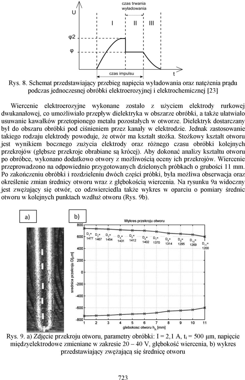 elektrody rurkowej dwukanałowej, co umożliwiało przepływ dielektryka w obszarze obróbki, a także ułatwiało usuwanie kawałków przetopionego metalu pozostałych w otworze.