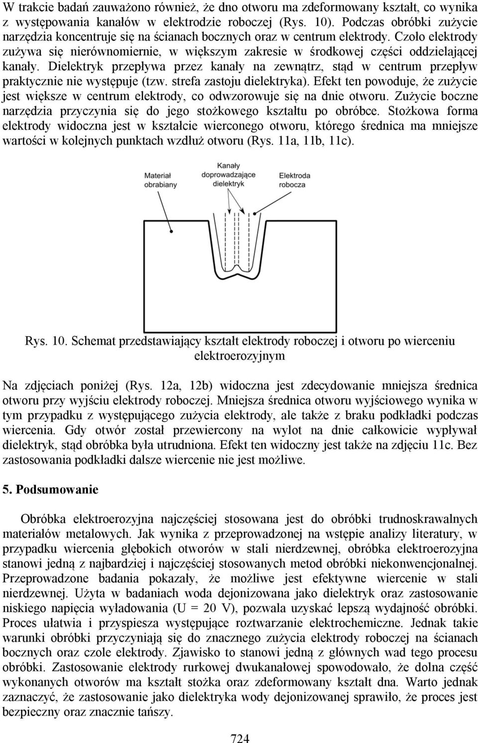 Czoło elektrody zużywa się nierównomiernie, w większym zakresie w środkowej części oddzielającej kanały.