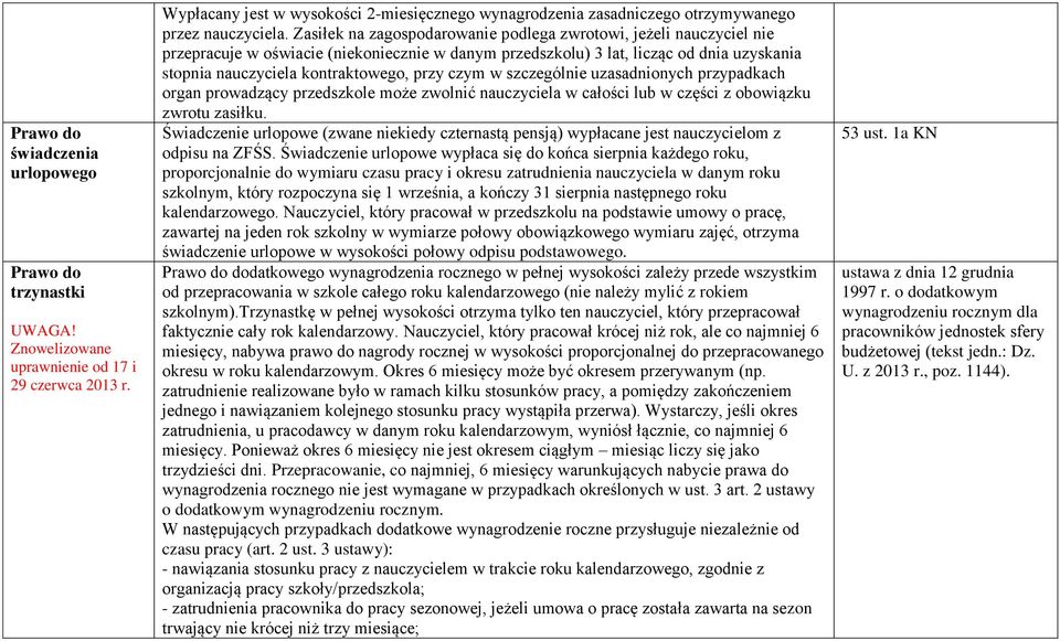 Zasiłek na zagospodarowanie podlega zwrotowi, jeżeli nauczyciel nie przepracuje w oświacie (niekoniecznie w danym przedszkolu) 3 lat, licząc od dnia uzyskania stopnia nauczyciela kontraktowego, przy