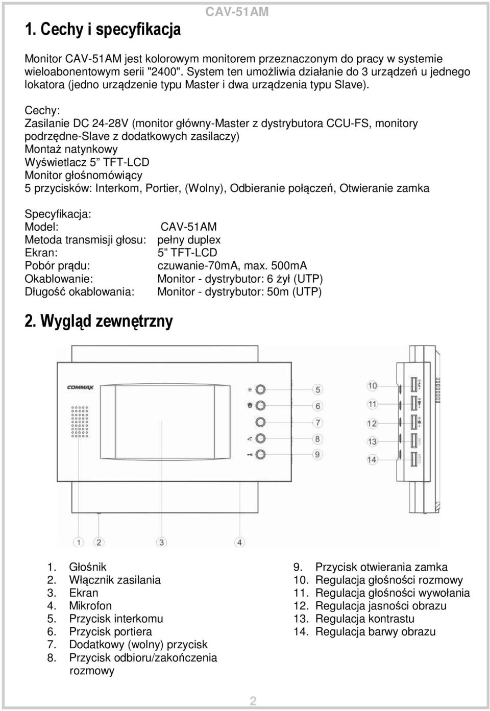 Cechy: Zasilanie DC 24-28V (monitor główny-master z dystrybutora CCU-FS, monitory podrzędne-slave z dodatkowych zasilaczy) Montaż natynkowy Wyświetlacz 5 TFT-LCD Monitor głośnomówiący 5 przycisków: