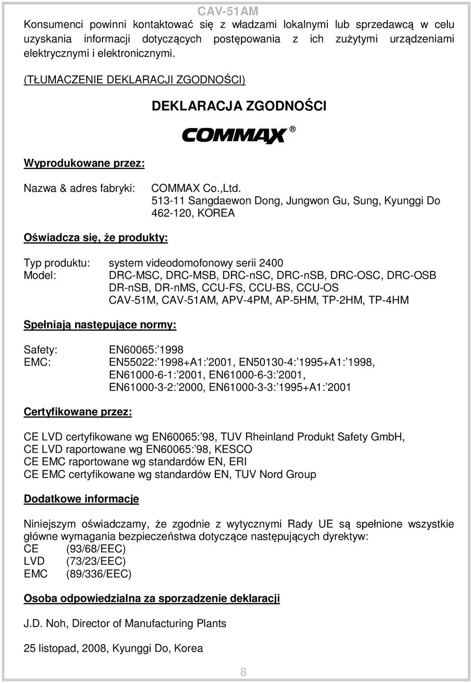 513-11 Sangdaewon Dong, Jungwon Gu, Sung, Kyunggi Do 462-120, KOREA Oświadcza się, że produkty: Typ produktu: system videodomofonowy serii 2400 Model: DRC-MSC, DRC-MSB, DRC-nSC, DRC-nSB, DRC-OSC,