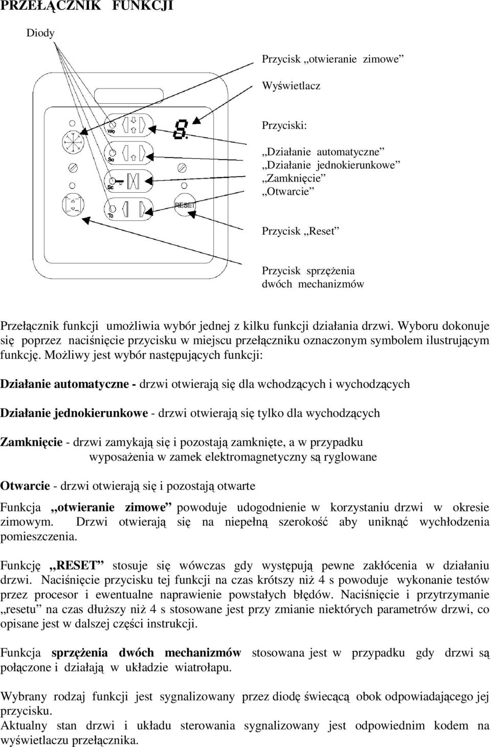 Moliwy jest wybór nastpujcych funkcji: Działanie automatyczne - drzwi otwieraj si dla wchodzcych i wychodzcych Działanie jednokierunkowe - drzwi otwieraj si tylko dla wychodzcych Zamknicie - drzwi