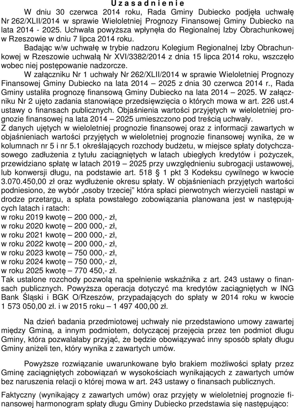 Badając w/w uchwałę w trybie nadzoru Kolegium Regionalnej Izby Obrachunkowej w Rzeszowie uchwałą Nr XVI/3382/2014 z dnia 15 lipca 2014 roku, wszczęło wobec niej postępowanie nadzorcze.