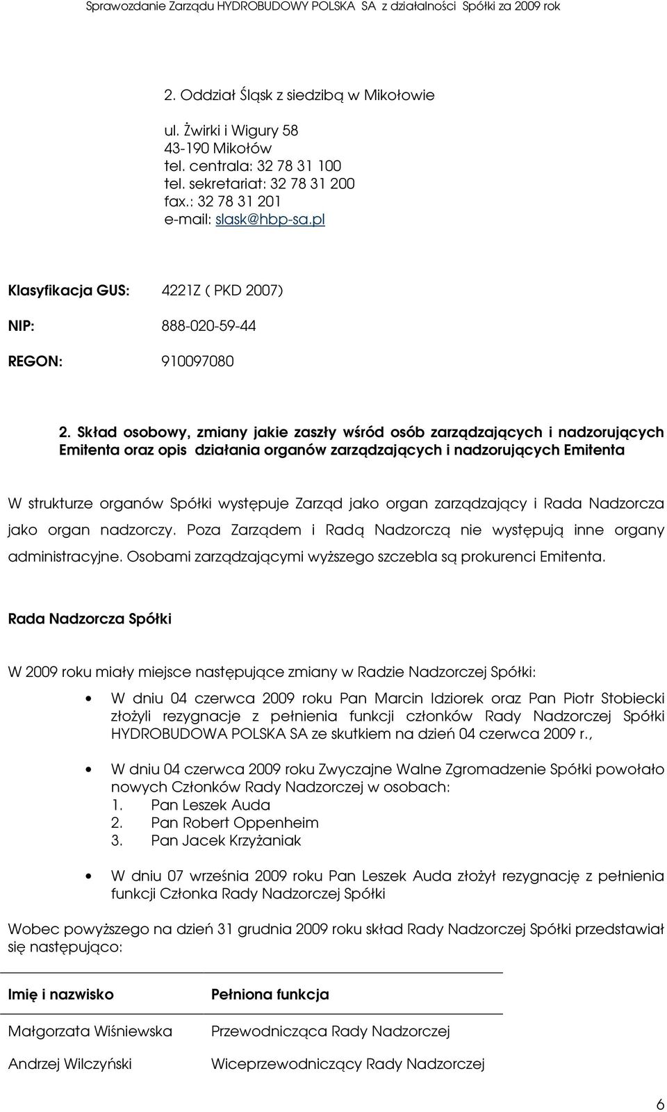 Skład osobowy, zmiany jakie zaszły wśród osób zarządzających i nadzorujących Emitenta oraz opis działania organów zarządzających i nadzorujących Emitenta W strukturze organów Spółki występuje Zarząd